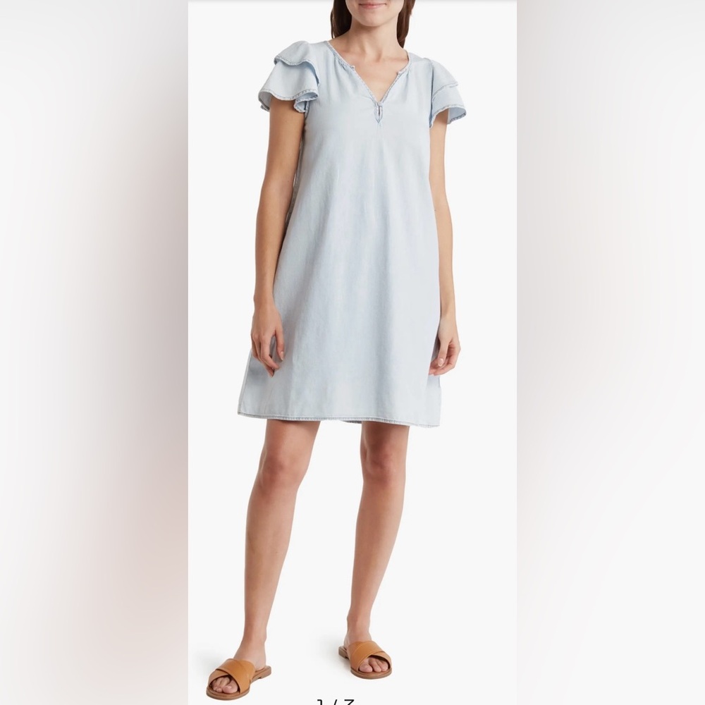 Habitual Double Ruffle Sleeve Chambray Shirt‎ Dress Blue Size Large Women's